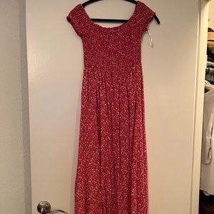 Red off shoulder maxi dress with 2 slits